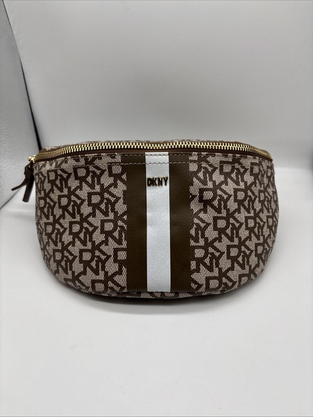 DKNY Logo Jacquard Belt Bag Brown Monogram Stripe Waist Pack Crossbody NWT